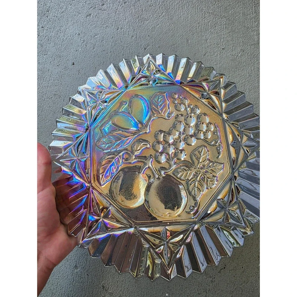 Vintage Carnival Glass Bowl Iridescent Fruit Harvest Grapes Pears 10.5 Inch‎ E3